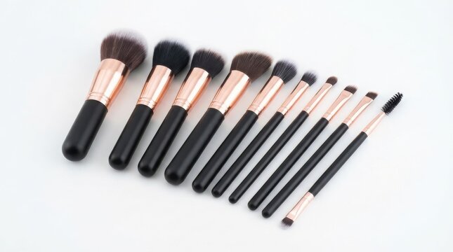 Professional makeup brush set with rose gold ferrules, collection of 10 cosmetic brushes for beauty application, luxury makeup tools on white background