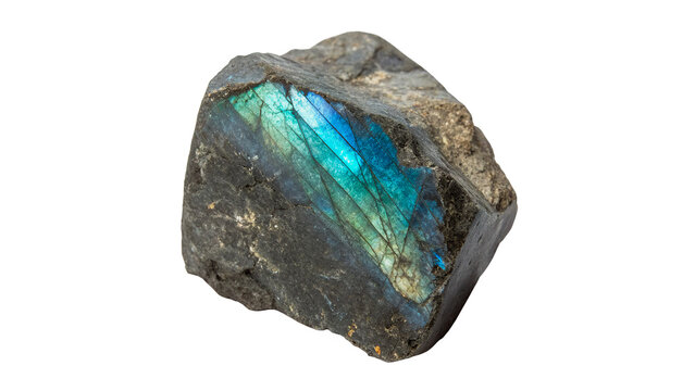 Raw natural labradorite gemstone mineral crystal with blue glow isolated on transparent background