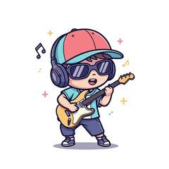 Cartoon boy playing electric guitar with headphones.