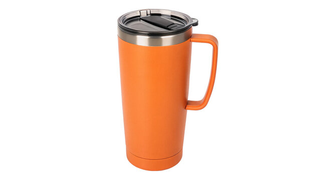 Modern orange metallic travel tumbler thermo mug with lid isolated on transparent background
