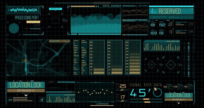 High-tech tracking dashboard visualizes location data with charts, signal indicators, processing panels and digital graphics.