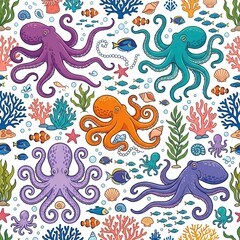 Fototapeta premium Seamless ocean pattern featuring colorful octopuses, coral reefs, and tropical fish