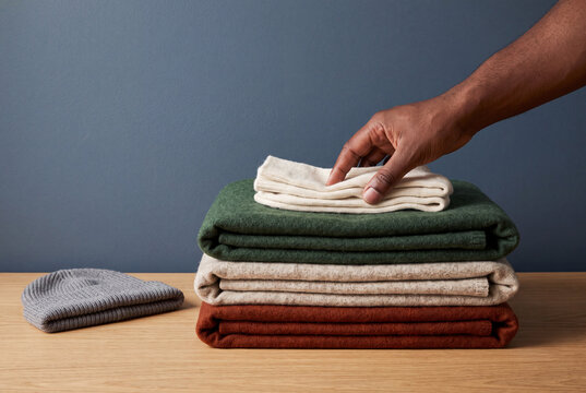 Hand placing wool socks on a stack of folded blankets beside a knitted hat, staying warm in winter