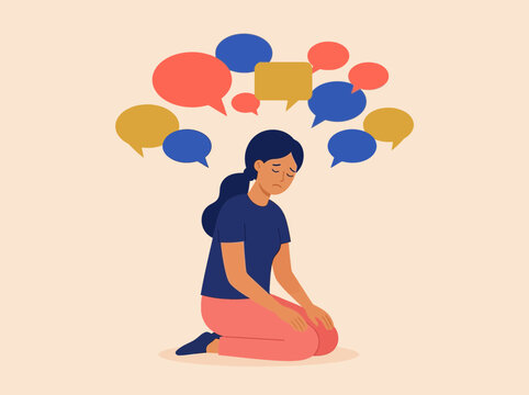 Sad Woman Overwhelmed by Negative Thoughts and Mental Health Struggles Vector Illustration