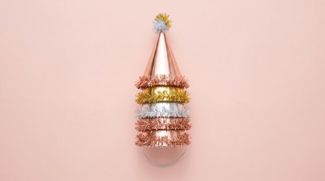 Stacked party hats featuring shiny rose gold gold and silver metallic finishes arranged vertically on a soft pastel pink background