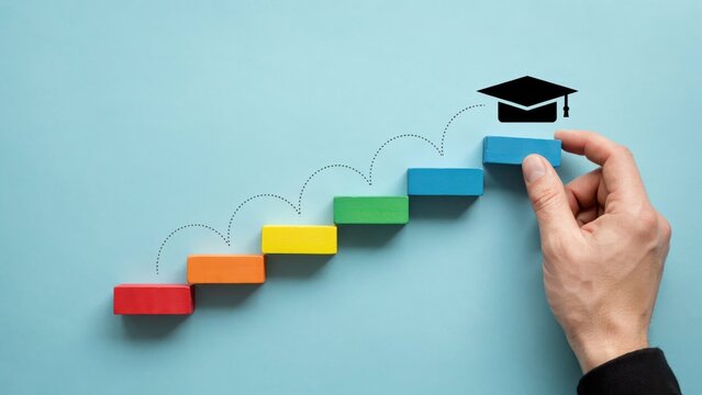 Hand arranging blocks as steps to graduation cap icon for education growth