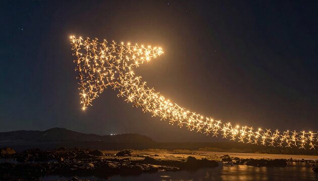 Glowing Light Swarm Creating Arrow Shape over Dark Coast