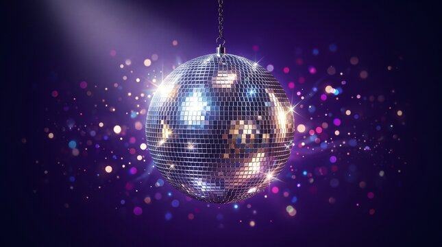 Shiny silver disco ball reflecting bright colorful light beams inside dark nightclub setting with soft glowing bokeh background elements now