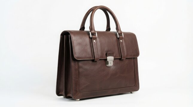 Classic brown leather briefcase, professional executive business bag with handles, elegant leather messenger for office work isolated on White Background