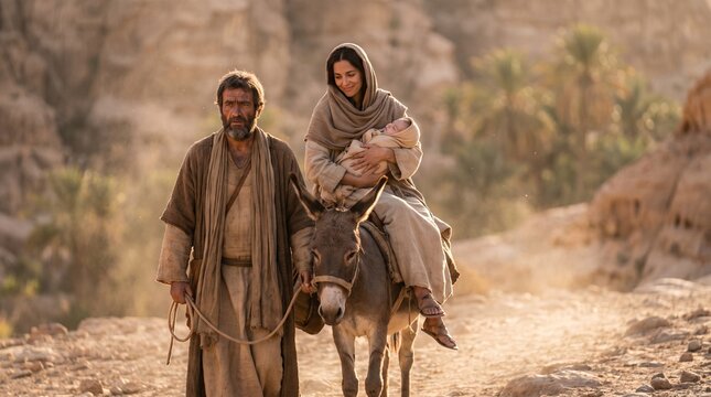 Biblical Illustration: The Holy Family Traveling to Egypt. Joseph Leading a Donkey with Mary and Newborn Jesus through Rugged Wilderness. Authentic 1st Century Historical Reconstruction.