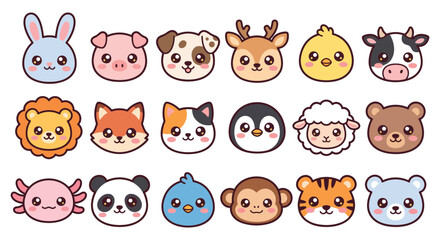Obraz premium Kawaii animal face icons, set of 18 cute cartoon animal heads. Pastel colored vector illustrations of zoo and farm animals for kids.