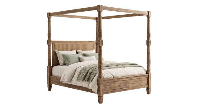 Rustic wooden canopy bed with four posts. Traditional oak four-poster bed frame with linen bedding. Classic bedroom furniture on white background.