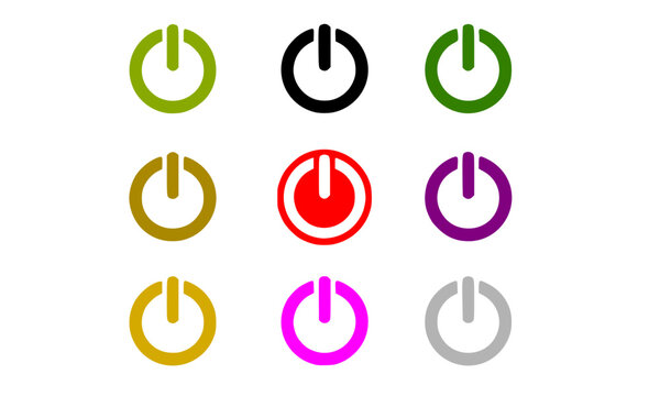 Colorful power button icon set featuring flat silhouette of standby on off switches, circular shutdown control interface, and multi colored electronic startup system vector illustration.