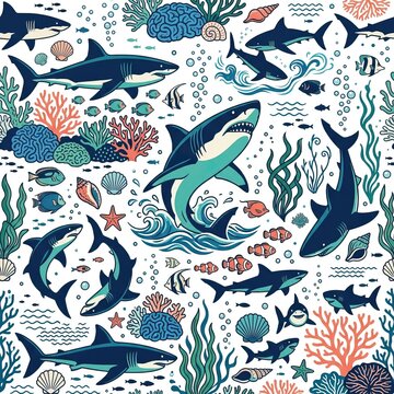 Seamless marine pattern featuring diverse sharks swimming among vibrant coral reefs and sea life