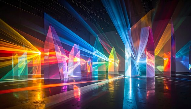 Prism Refracting Colorful Light Beams in Dark Gallery Interior