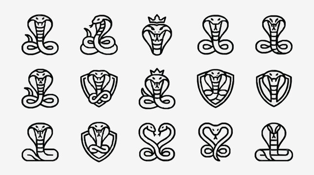 Modern Black and White Line Art Collection of Cobras and Uraeus Symbols in Various Stylized Designs