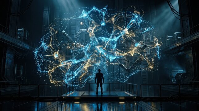 A human silhouette observes a large glowing neural network structure inside a dark tech laboratory.