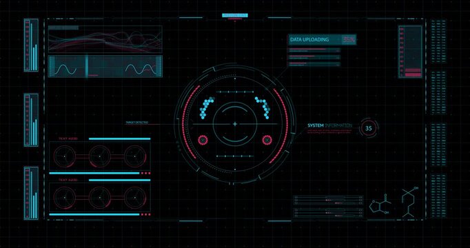 Futuristic computer interface displays data uploading progress with circular scanning graphics, charts and technical indicators.