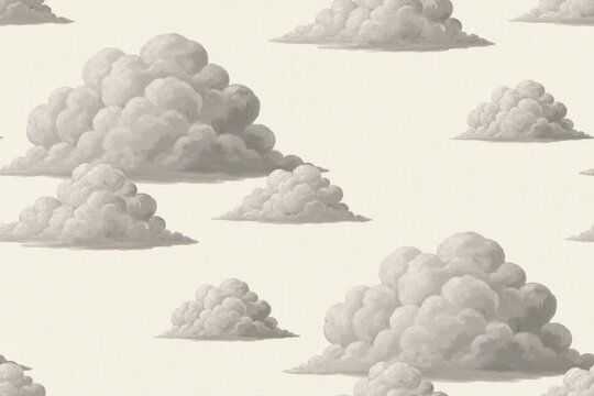Seamless pattern featuring fluffy grey cumulus clouds arranged on a solid light beige background, repeating sky for wallpaper