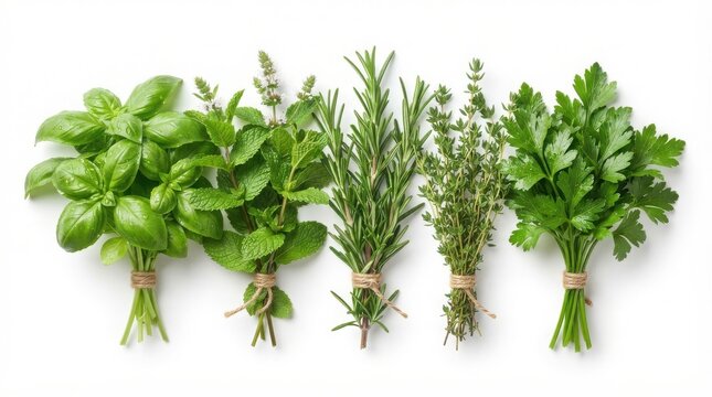 Fresh culinary herbs collection, bunches of green basil, rosemary, thyme and parsley. Organic aromatic garden herbs for cooking. isolated on White Background