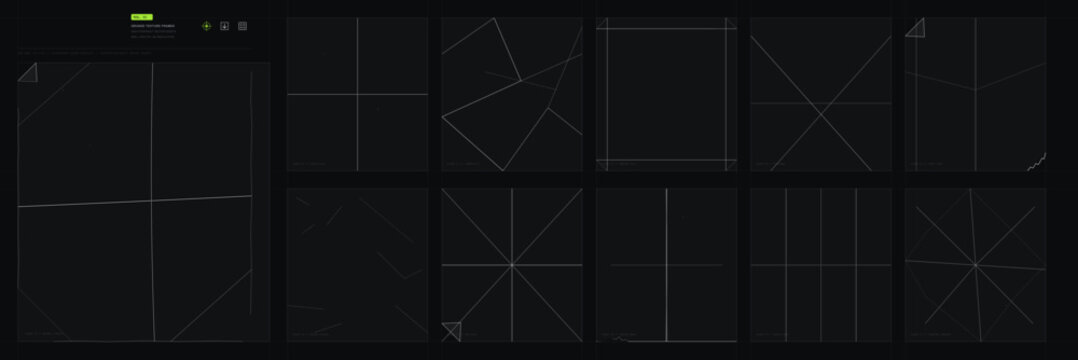Futuristic Dark Digital User Interface Vector Panel Set with Geometric Wireframe Grids and Technical Creases