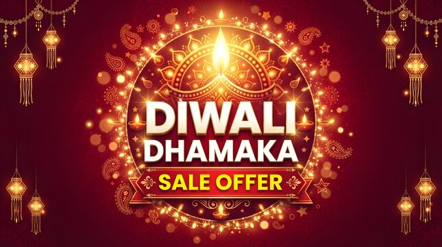 Diwali dhamaka sale offer banner with glowing diya lamp and hanging lanterns on a dark red background