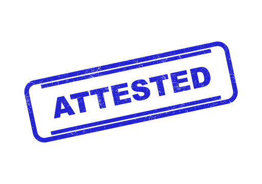 Blue ink rubber stamp with the word attested in a tilted rectangle frame for official use isolated on transparent background