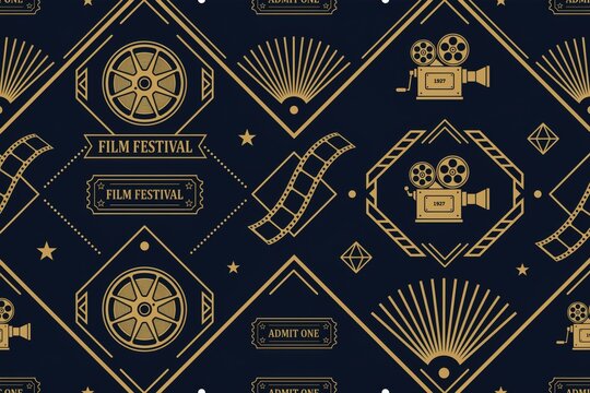 Seamless pattern featuring golden festival reels, vintage cameras, and cinema tickets on a dark navy blue background