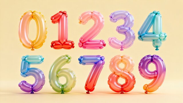 Rainbow twisted balloon 3D numbers set 0‑9, colorful latex balloon woven typography on white background for birthday party, celebration poster, kids event design