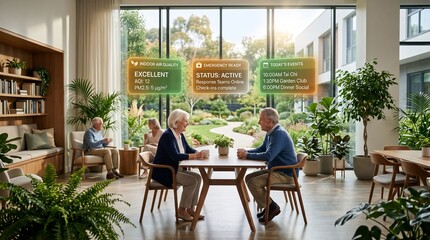 Fototapeta premium Senior couple sitting together at a table in a modern assisted living facility with augmented reality displays showing health metrics