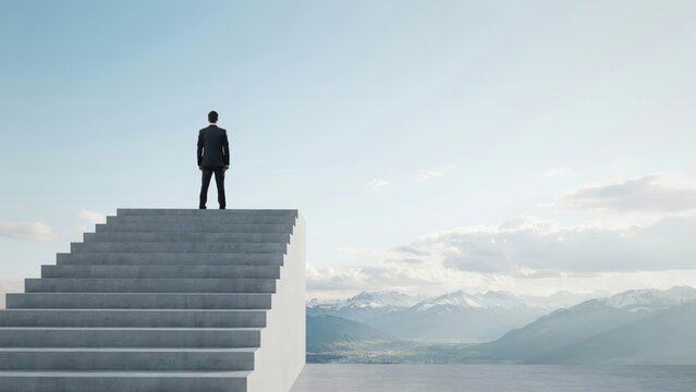 Executive on concrete staircase viewing mountain peak