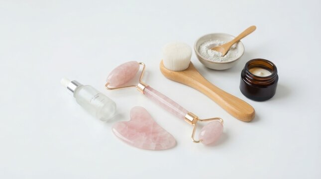 Rose quartz face roller and gua sha tool set, natural skincare products on white background, beauty spa massage kit