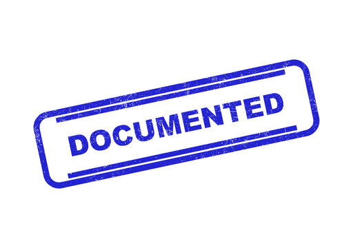 Blue rectangular rubber stamp with the word documented in a bold sans serif font style isolated on transparent background