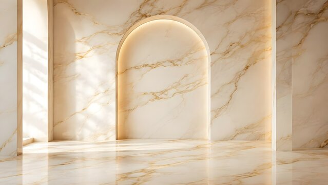 Elegant marble interior with arched niche and golden veins