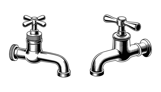  Water tap flat vector illustration. Two retro plumbing faucet fixtures present detailed classic handles with traditional cross and lever linework shading concepts.