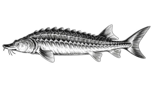 Sturgeon fish flat vector illustration. Detailed antique ocean engraving showcases magnificent scales and ridges for traditional seafood restaurant menu design.
