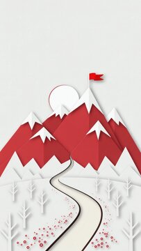 Paper cut mountains with a path to the summit and a flag, paper art