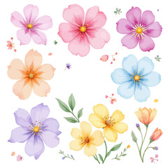Fototapeta premium A vibrant collection of watercolor flowers in various pastel shades, including pink, purple, orange, blue, and yellow, with delicate green leaves.