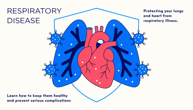 Illustration of Respiratory Disease: Lungs, Heart, and Virus Particles Symbolizing Illness and Protection