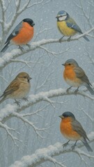 Fototapeta premium Vibrant birds on snowy branches mobile wallpaper