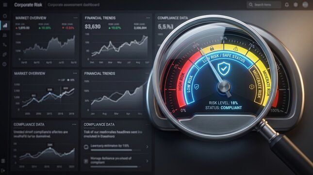 3D Illustration of Magnifying Glass Over Corporate Risk Dashboard with Compliance Gauge for Financial Auditing and Security Monitoring Presentations