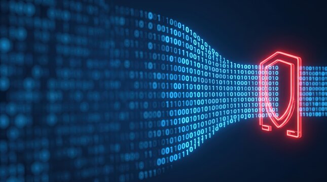 Cyber Security Firewall Shield Icon Blocking Binary Code Stream for Data Protection and Network Defense Visuals