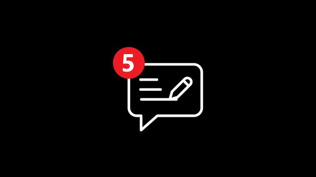 A minimalist notification message animation featuring a red unread-message badge displaying a number and a pencil icon, set against a transparent background. Alpha Channel 4K.	