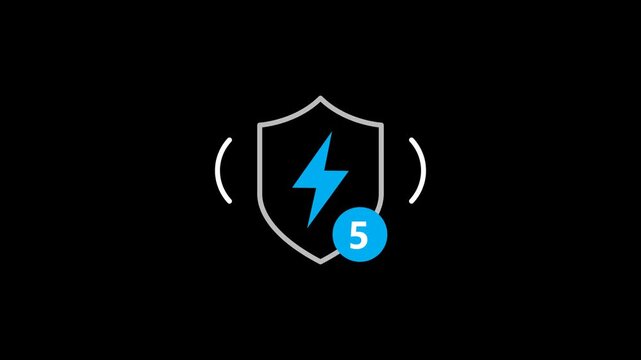 Shield animation with a lightning bolt symbol and notification on a transparent background. 4K Alpha Channel.
