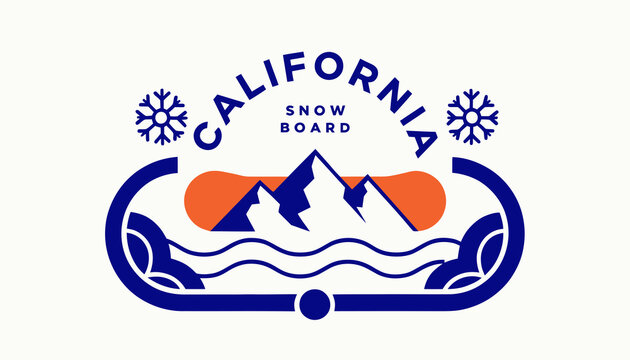 California Snowboarding Emblem with Mountains, Snowflakes, and Waves - Vector Graphic