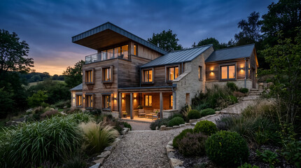 Fototapeta premium Modern luxury timber house at twilight, contemporary wooden villa with warm exterior lighting, sustainable architectural home design