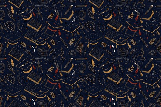 Seamless pattern featuring graduation caps, open books, globes, pens, and drafting tools on a dark blue background, with gold line style
