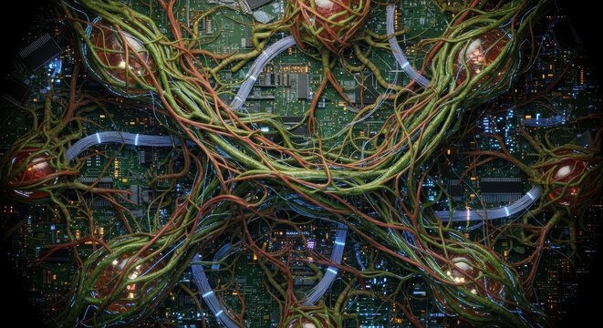 Overlapping circuits and organic roots forming intricate, strange, and alien.