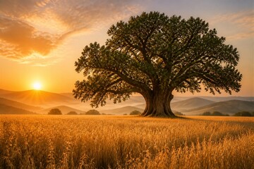 Naklejka premium Large oak tree rooted in wheat field with rolling hills at sunrise