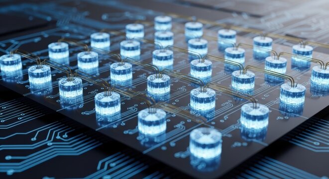 Quantum computing concept with multiple glowing blue cylinders on a circuit board.
